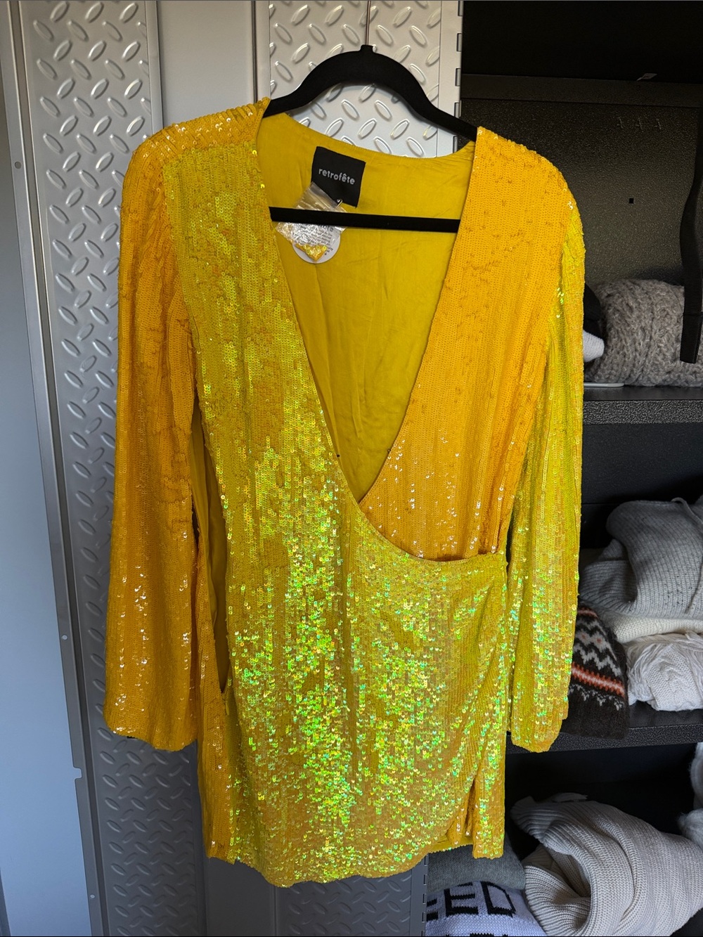 Retrofete Yellow Sequin Wrap Mini Dress